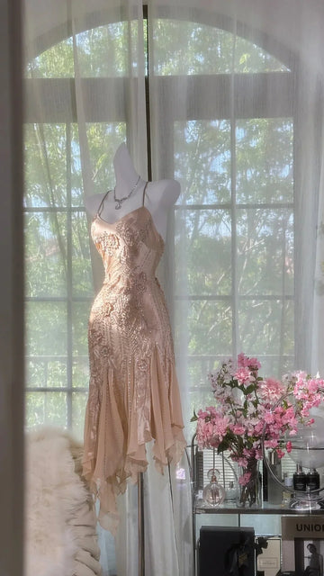 Vintage Mermaid Spaghetti Strap Beaded Ruffle Satin Chiffon Short Homecoming Dress HZ1023